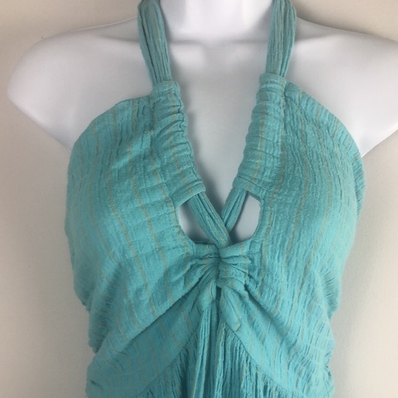 Mara Hoffman Swim Annika Searsucker Halter Tie Cutout Blue Smocked S Dress - Picture 8 of 16